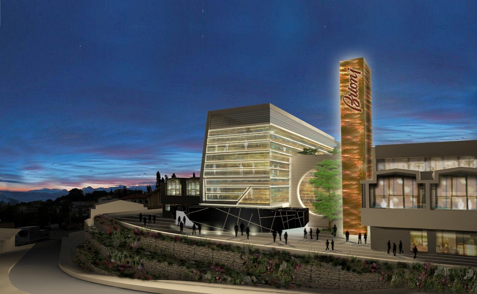 Brioni, Penne (Italy) – night rendering of the external view of the architectural complex